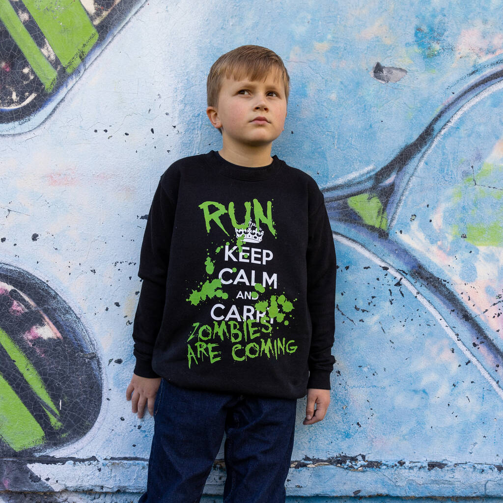 Keep Calm Run Zombies Boys' Halloween Sweatshirt, 1 of 5