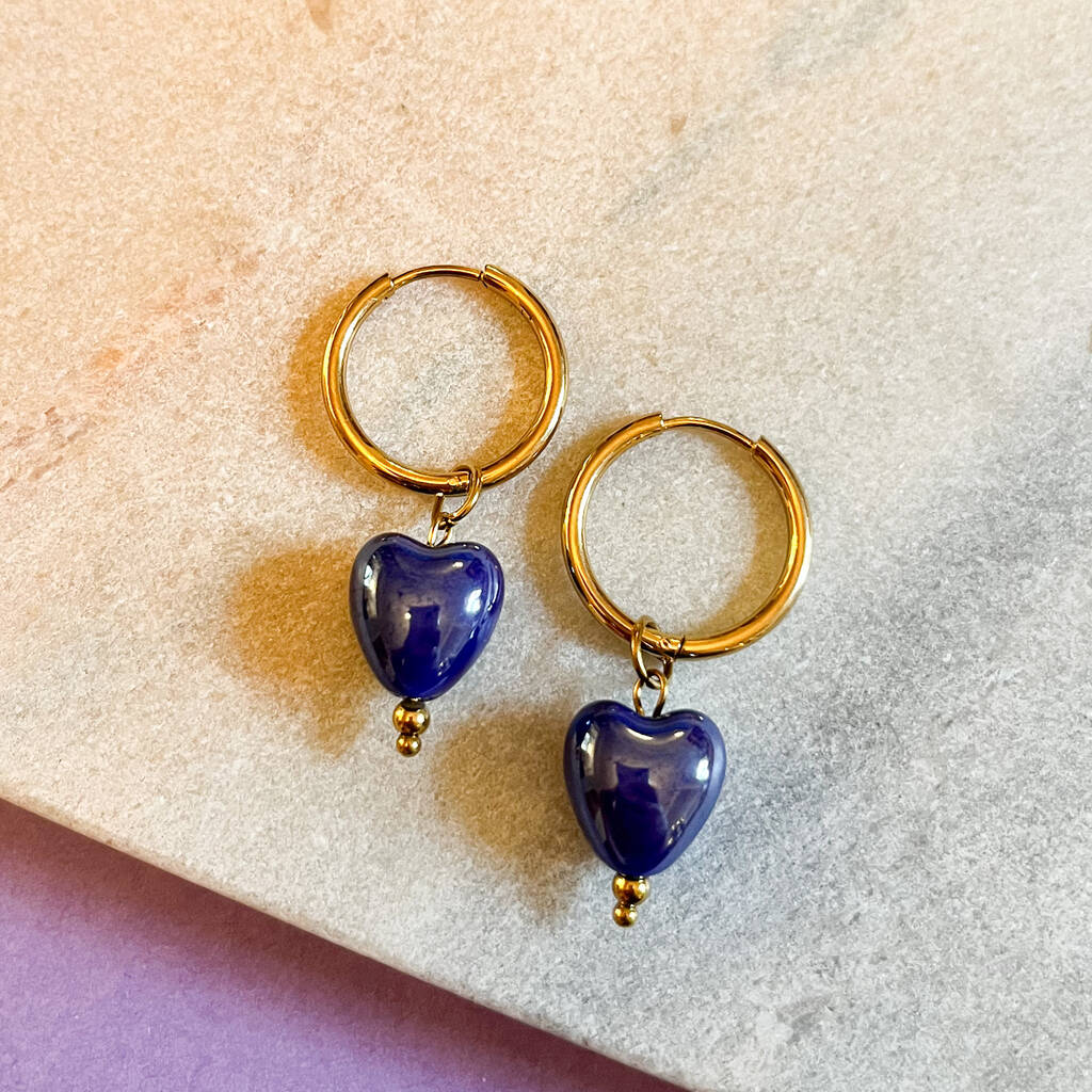 Midnight Blue Ceramic Heart Hoop Earrings, 1 of 1