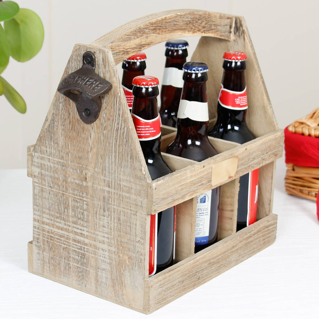 personalised natural oak wood six bottle beer carrier by dibor