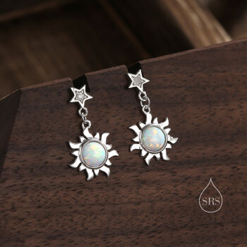 Sterling Silver White Opal Sun And Star Dangle Stud Earrings, 4 of 10