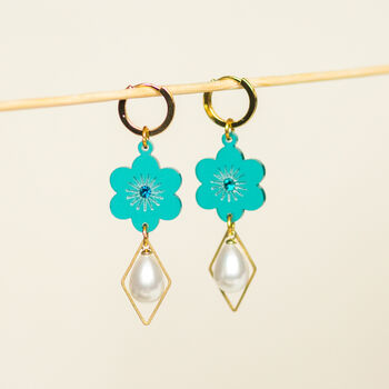 18 K Gold Plated Micro Huggie Earring With Pearl Drop, Flower, And Gemstone, 2 of 8
