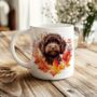 Personalised Dog Mug Chocolate Cockapoo In An Autumn Wreath, thumbnail 1 of 2