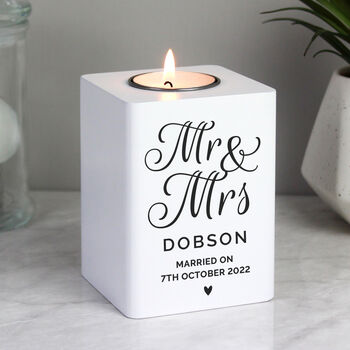 Personalised Mr And Mrs White Wooden Tea Light Holder, 2 of 2