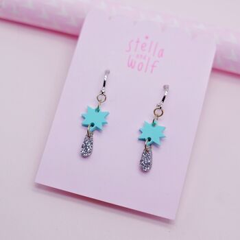 Powder Blue Star And Silver Glitter Drop Earrings, 3 of 4