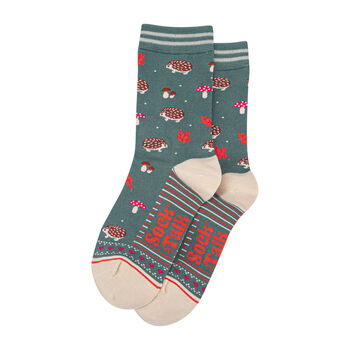 Autumn Woodlands Hedgehog Bamboo Socks Women's Sage Green, 3 of 4