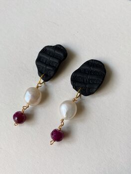 Abstract Cockle Shell Ruby Pearl Drop Earrings, 3 of 6