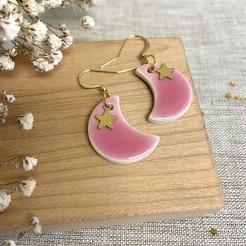 Pink Moon And Star Ceramic Earrings Gold Plated, 2 of 8