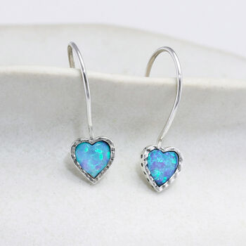 Molten Sterling Silver Blue Opal Heart Drop Earrings, 3 of 9