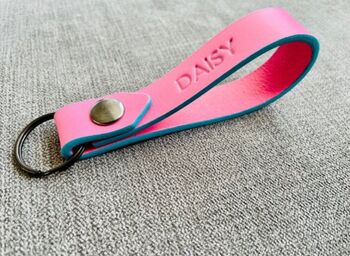 Personalised Handmade Leather Keyring, Pink And Blue, 5 of 10