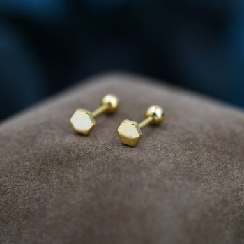 Sterling Silver Tiny Hexagon Barbell Earrings, 4 of 12