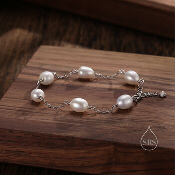 Sterling Silver Freshwater Oval Pearl Bracelet, 2 of 10