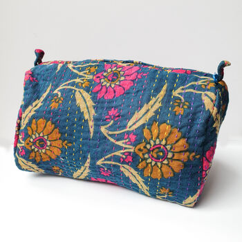 Handmade Toiletry Bag, Blue Kantha Stitch Sari Fabric, 3 of 10