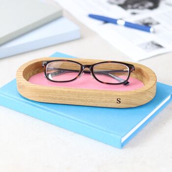 Personalised Glasses Tray Solid Oak And Leather, 2 of 10