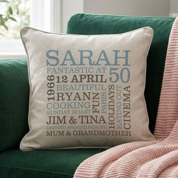 Personalised 50th Birthday Word Art Cushion, 7 of 10