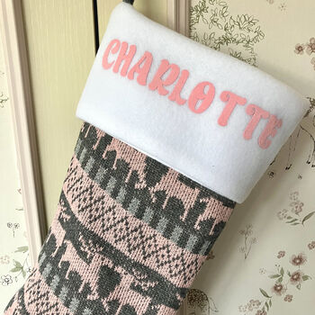 Personalised Pink/Grey Nordic Knitted Christmas Stocking, 3 of 8