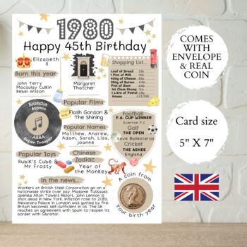 45th Birthday Card With 1980 Coin And Envelope Choose Your Colour, 2 of 3