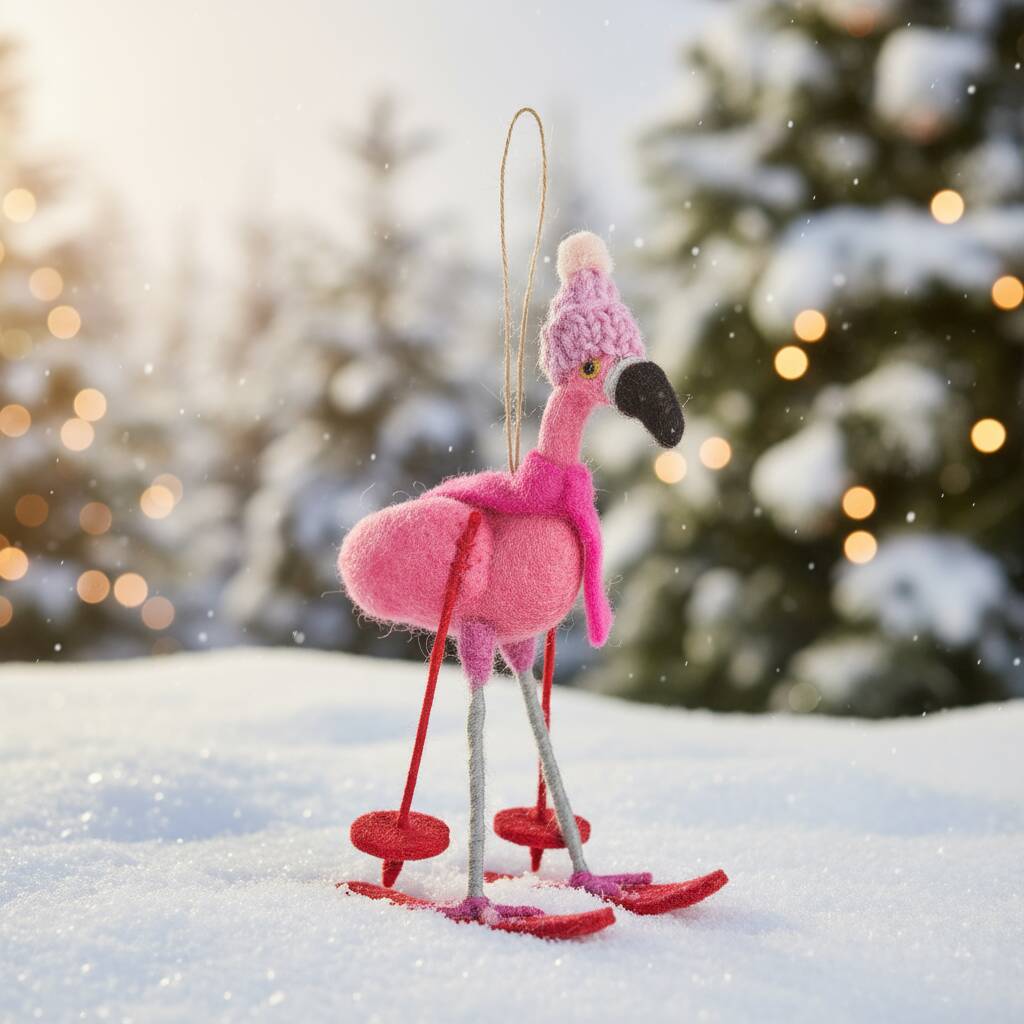 Handmade Felt Skiing Flamingo Christmas Decoration, 1 of 6