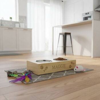 Personalised Name Engraved Wooden Raised Double Cat Bowl, 4 of 5
