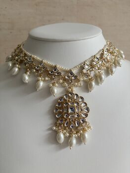 White Gold Kundan Pearl Set Necklace, Earrings And Tikka, 4 of 12