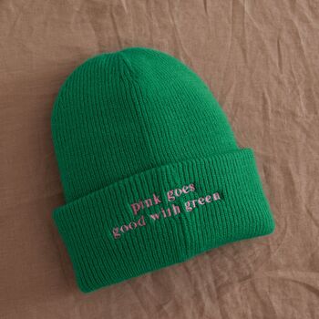 Personalised Beanie Hat With Customisable Slogan In Green, 3 of 4