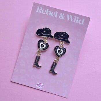 Pink Or Black Cowgirl Heart Earrings, 2 of 2