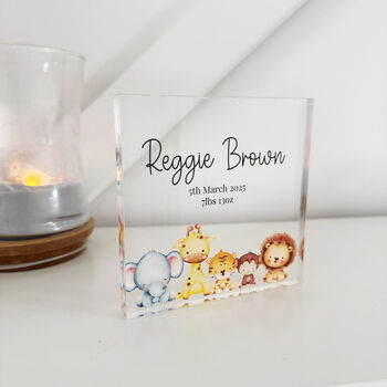 Personalised Safari Animal Acrylic Keepsake Block New Baby, 2 of 6