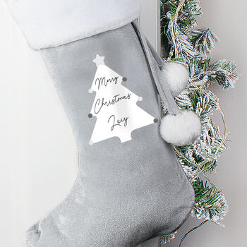 Personalised Christmas Tree Luxury Silver Grey Stocking, 3 of 4