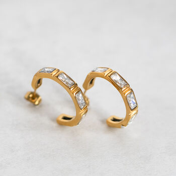 Gold Hoop Earrings With Baguette Crystals Non Tarnish, 5 of 5