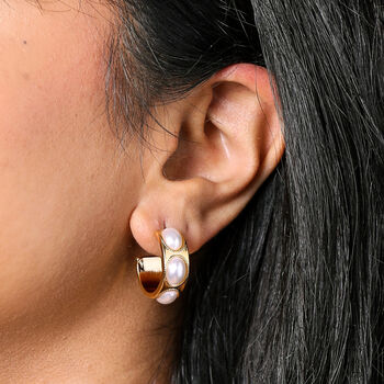Chunky Oval Pearl Hoop Earrings In Gold, 2 of 4