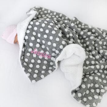 Personalised Spotty Grey And White Sherpa Baby Blanket, 2 of 8