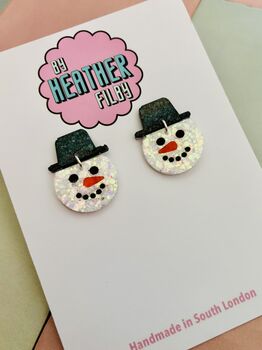 White Snowman Glitter Resin Christmas Earrings / Festive Jewellery / Winter Wonderland Jewellery, 5 of 7