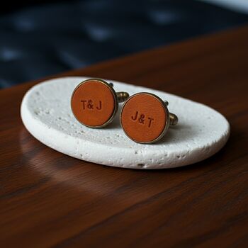 Olive Green Leather Initial Anniversary Cufflinks, 3 of 5