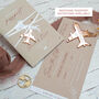 Beige Wedding Boarding Pass Save The Date With Rose Gold Magnetic Plane, thumbnail 7 of 7