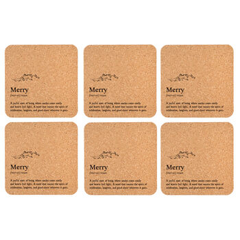 Set Of Six 'Merry' Cork Coasters | Homeware | Tableware | Festive, 3 of 3