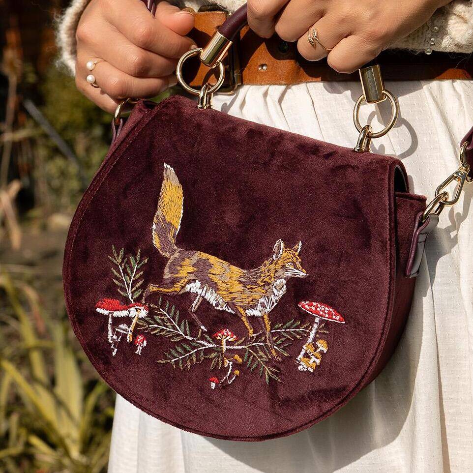 Fox & Mushroom Embroidered Velvet Saddle Bag in Redcurrant Red – Fable  England US