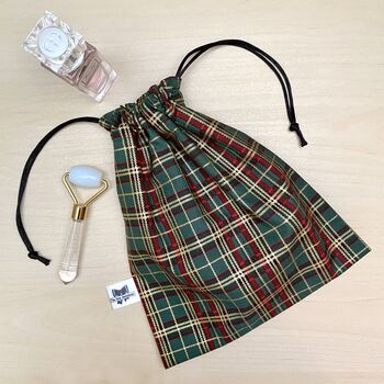 Checked Green Drawstring Gift Pouch Bag, 3 of 7
