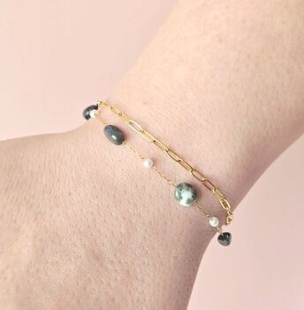Moss Agate Double Chain Bracelet Gold Plated, 6 of 7