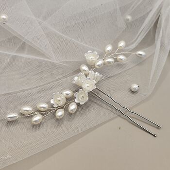 Pearl Flower Bridal Hair Pin With Gold Or Silver Wire, 8 of 13