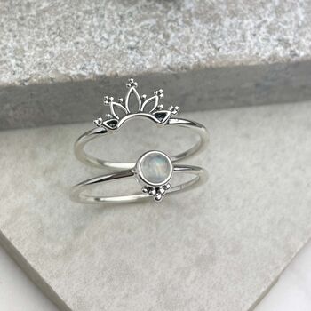 Sterling Silver Moonstone Boho Stacking Ring Pair, 4 of 12