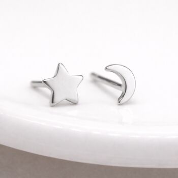 Sterling Silver Mismatched Moon And Star Stud Earrings – 5mm, 2 of 6