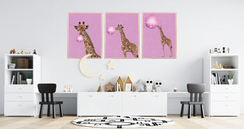 Pink Giraffe Bubble Gum Blowing Wall Art Print, 7 of 9