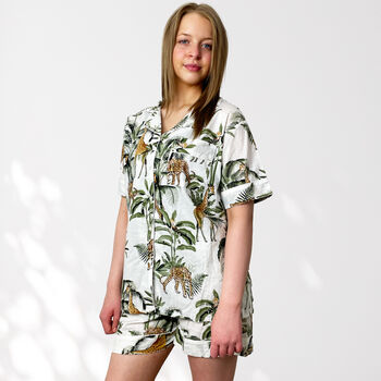 Giraffe And Leopard Print 100% Cotton Ladies Pyjama Short Set In White, 2 of 8