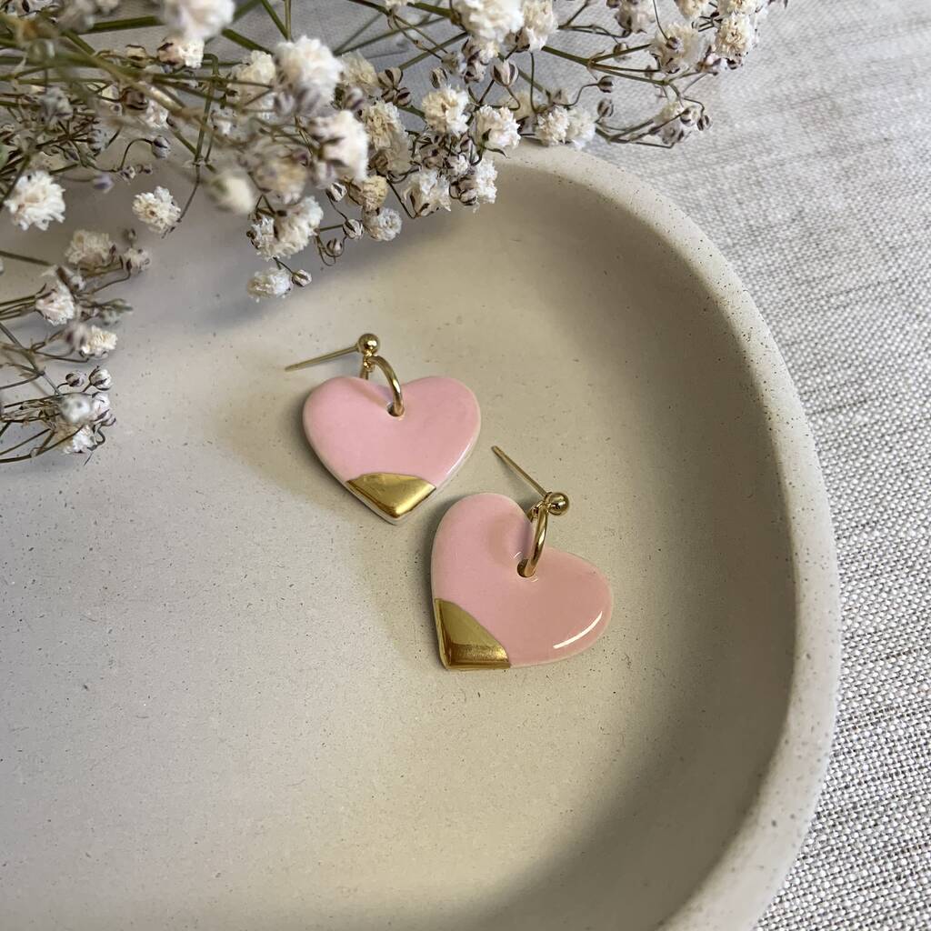 Pink Heart Ceramic Earrings 22k Gold Lustre, 1 of 4