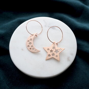 Rose Gold Plated Moon And Star Hoop Earrings, 2 of 4