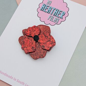 Remembrance Day Poppy Brooch Red Glitter Resin, 3 of 4