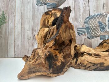 48cm Hand Carved Coral And Blue Fish Figurine On Teak Root Ornament, 6 of 9