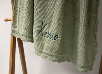 Personalised Knitted Baby Blanket Sage Green, 5 of 9