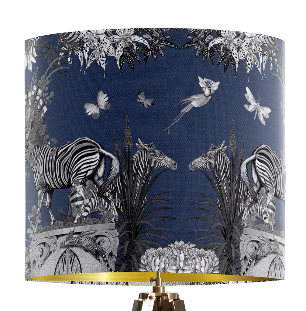 Zebra Lampshade Livoris Feritas, Blue With Gold Lining By FabFunky Home