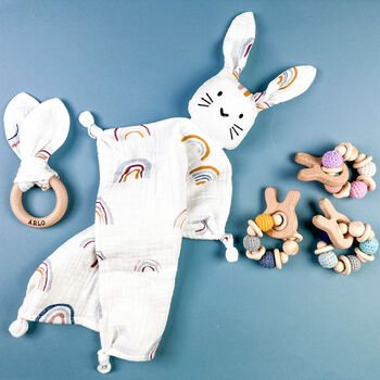 Rainbow Bunny Muslin New Baby Gift Set In Keepsake Box, 2 of 8