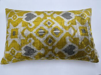 Oblong Velvet Ikat Cushion Yellow And Grey Heart, 5 of 7